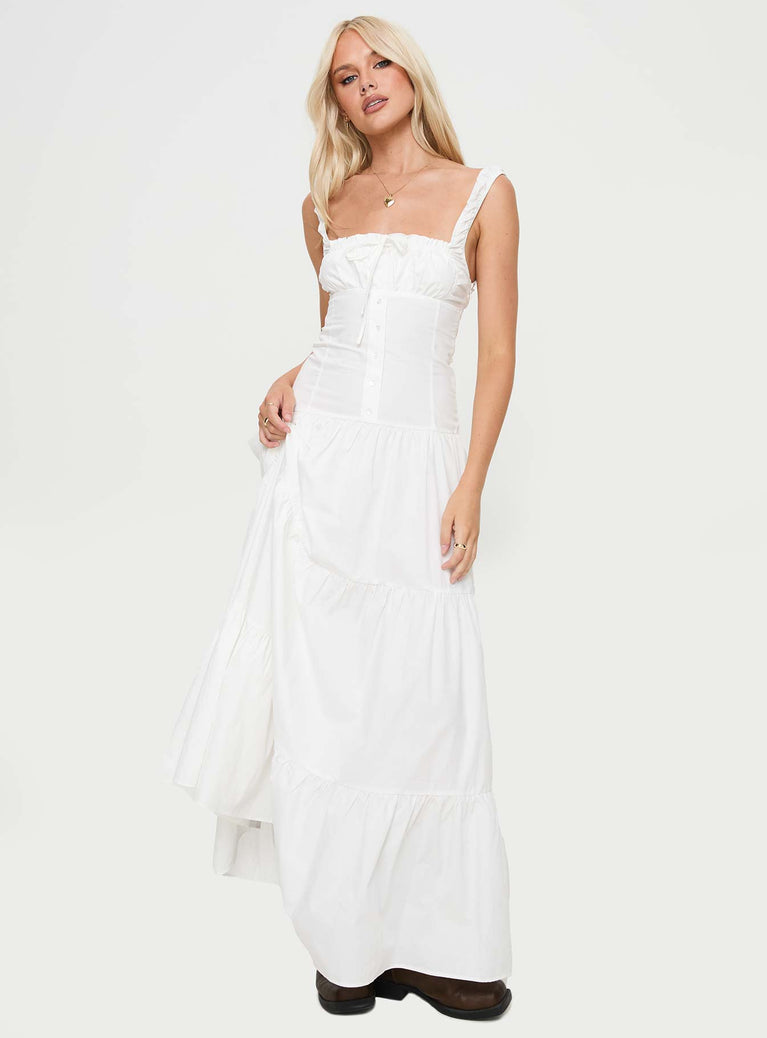 White Maxi dress Elasticated shoulder straps, square neckline, invisible zip fastening at side, faux button down front, tiered skirt