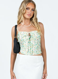 Corset top Textured material Floral print Adjustable straps Keyhole cut-out with tie fastening Wired cups Boning through bodice Invisible zip fastening at side Non-stretch