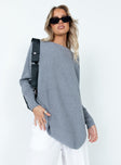 Grey sweater Relaxed fit Ribbed material  Wide neckline  Batwing sleeves  Asymmetric hem 