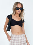 Black crop top Ribbed material  Wide neckline  Ruched bust  Cap sleeves 