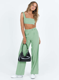 Green matching set Soft brushed material Crop top Invisible zip fastening at side High waisted pants Wide relaxed leg Belt loops at waist Zip & button fastening Non-stretch Lined top
