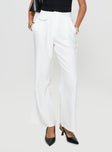 White pants High rise fit, wide leg, pleats at waist, twin hip pockets, belt looped waist