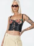 Corset top Faux leather material  Printed fabric bust  Fixed lace-up front  Zip fastening at back 