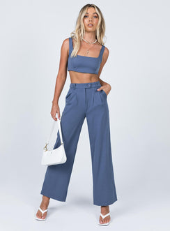 Matching set Crop top Fixed straps Invisible zip fasting at side High waisted pants Wide relaxed leg Belt loops at waist Zip & button fastening