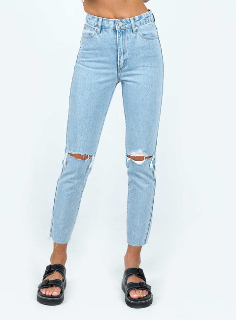 Jeans Light wash denim  High waisted  Zip & button fastening  Belt looped waist  Classic five-pocket design  Slim leg Ripped knees Raw edge hem