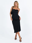 Black strapless midi dress Silky material  Ruched detail at bust  Inner silicone strip at bust  Invisible zip fastening at side