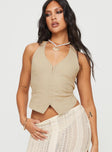 Halter top Fixed halter strap, hook & eye fastening down front, lace up back with tie fastening