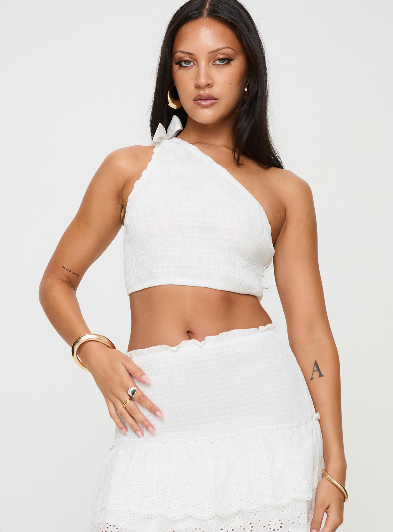 White One shoulder top Tie fastening at shoulder, shirred material