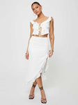 Matching set Crop top, frill detail, open neckline, tie fastening at front, ruched bust Midi skirt, high rise, frill detail, slit at side, invisible zip fastening