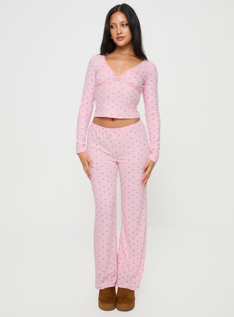 Pink Matching sleep set Butterfly print, v neckline, long sleeves, elasticated waistband