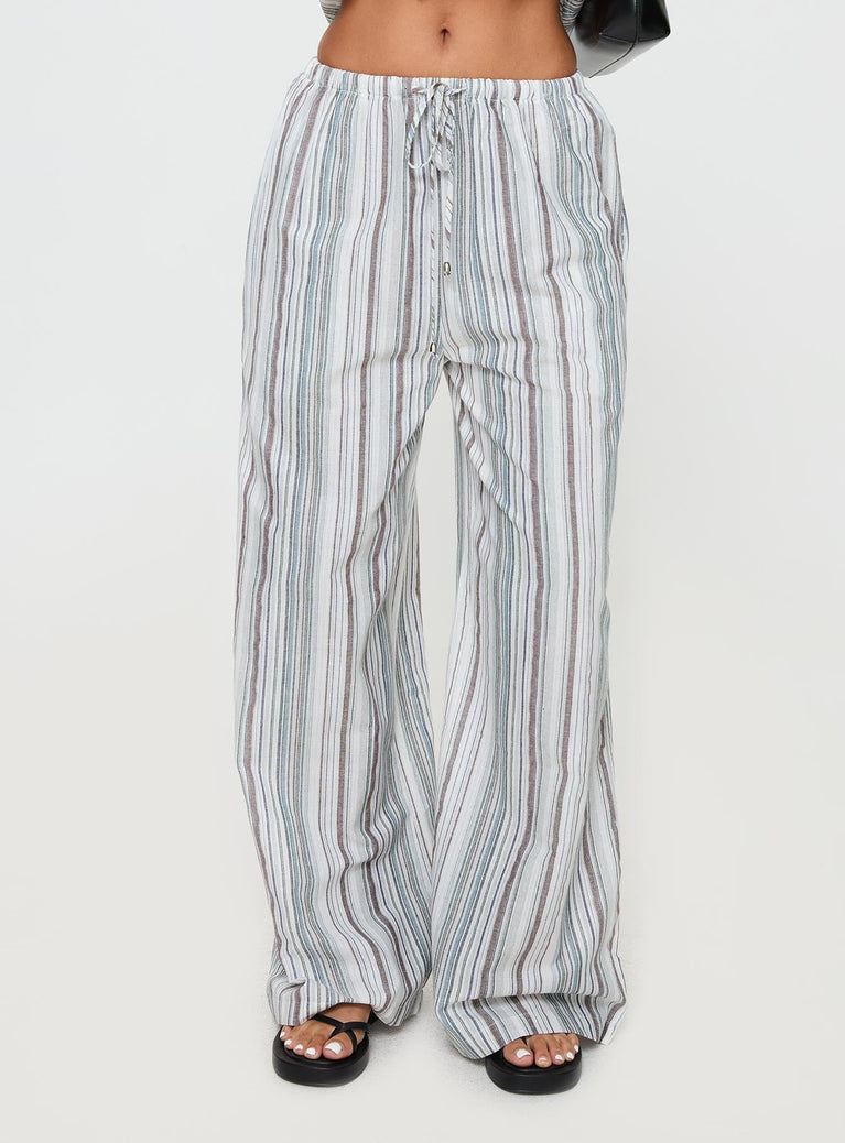 Princess Polly High Waisted Pants  Flutters Pants White / Blue Stripe