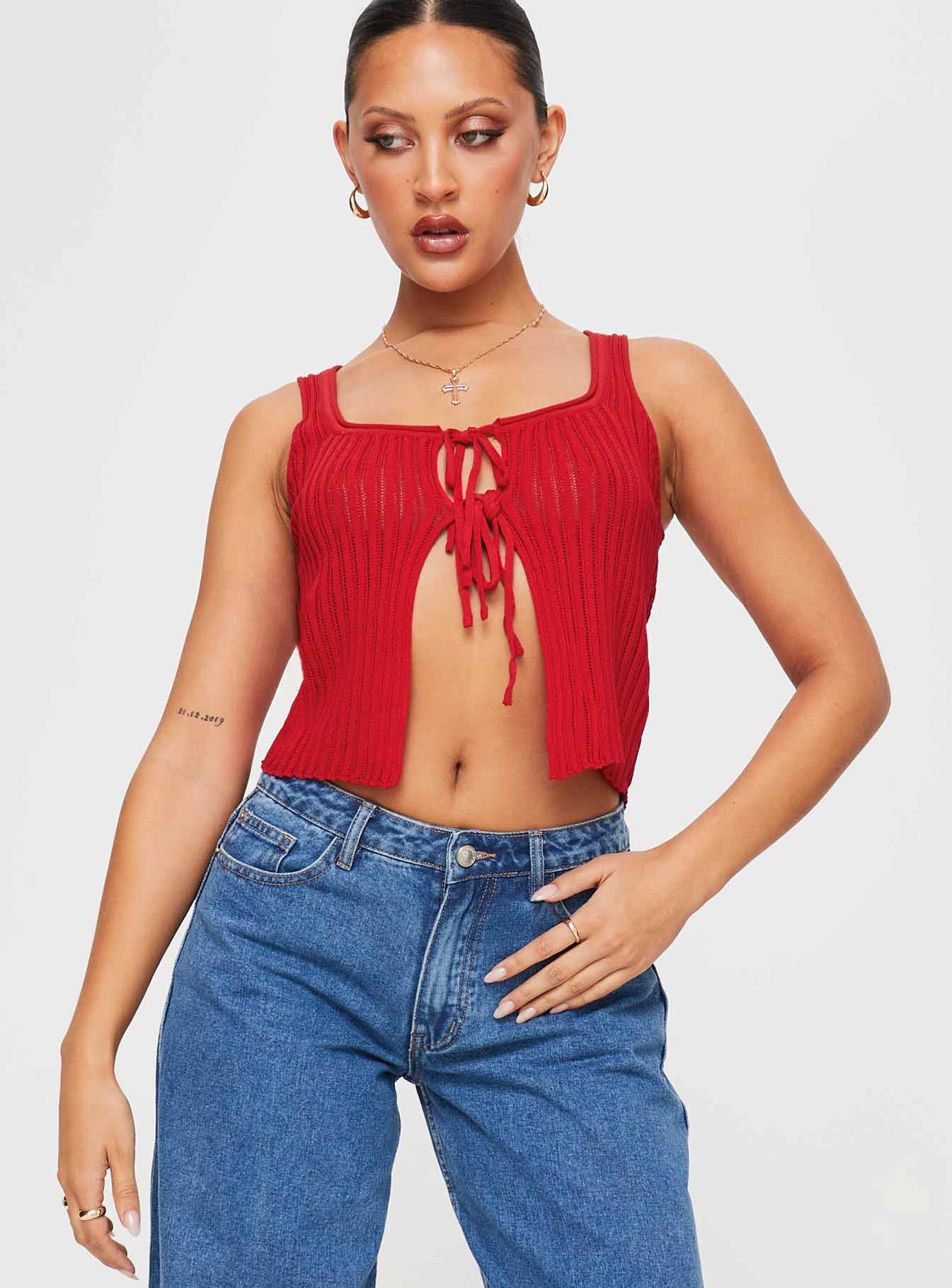 Tank top Knitted material, double tie closure, split hemline Non-stretch material, unlined, sheer