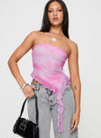 Pink Tube top Strapless style, inner silicone strip at bust, asymmetric hem, frill detail