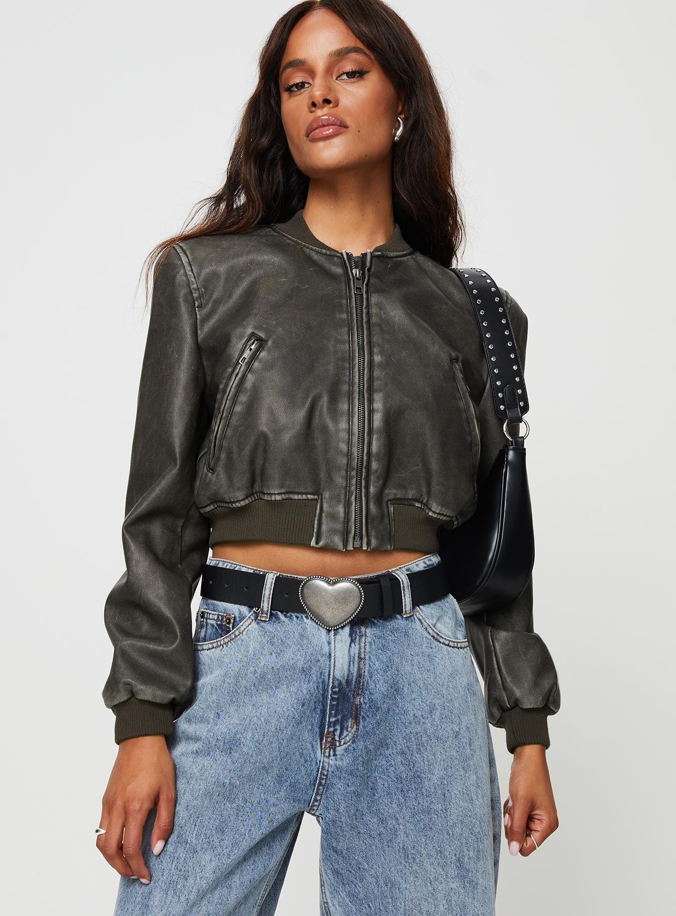 Faux leather bomber jacket High neckline, zip fastening, twin hip pockets, elasticated waistband and cuff