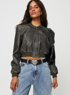 Faux leather bomber jacket High neckline, zip fastening, twin hip pockets, elasticated waistband and cuff