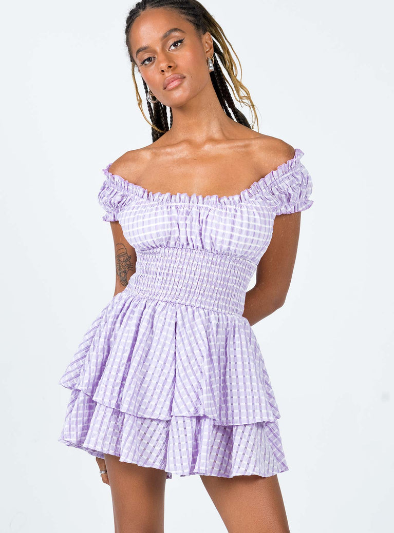 Romper Gingham print  Shirred waistband Ruffle detailing Elasticated neck and sleeves Can be worn on or off shoulder Layered ruffle hem Good stretch   Fully lined