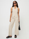 Matching linen set Halter neck top, fixed halter strap, button fastening at front, twin hip pockets High rise pants, belt looped waist, zip and button fastening, elasticated waistband at back, twin hip pockets, straight leg