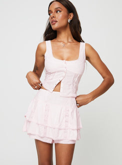 High rise shorts Textured material, tiered ruffles, lace detail, invisible zip fastening at side