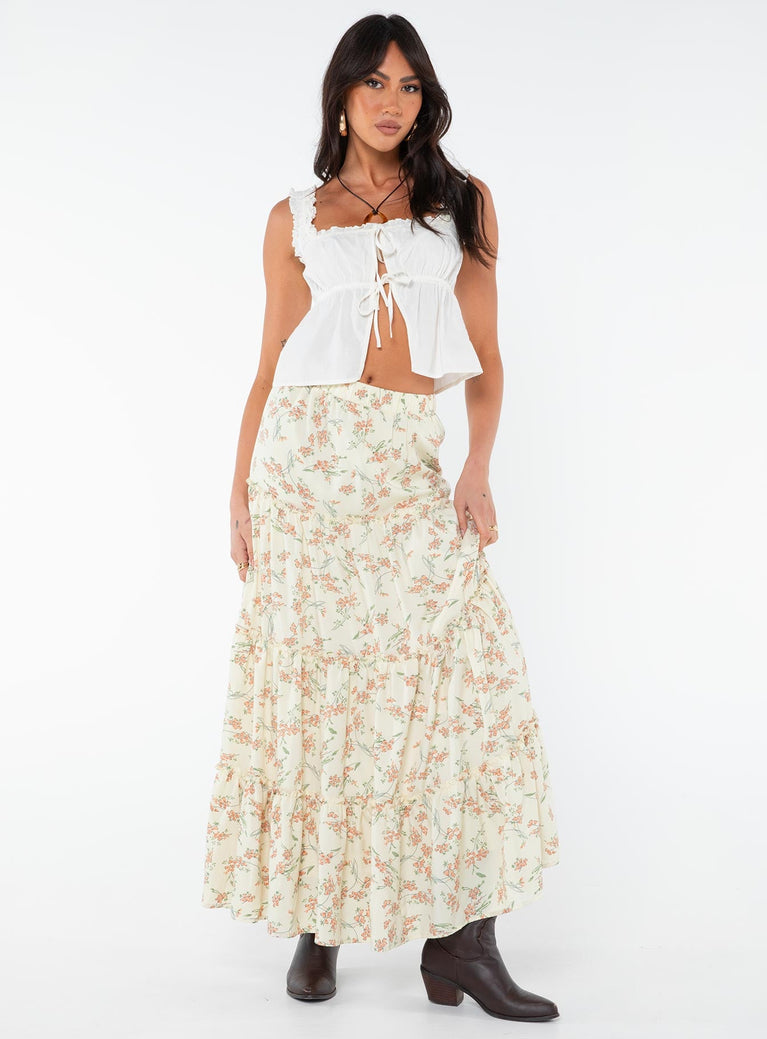 Floral maxi skirt Tiered design, frill detailing throughout, wide elasticated waist band  Non-stretch material, fully lined