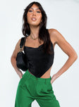 Black crop top Silky material  Pleated design  Thin shoulder straps  Back tie fastening  Pointed hem  Raw edge