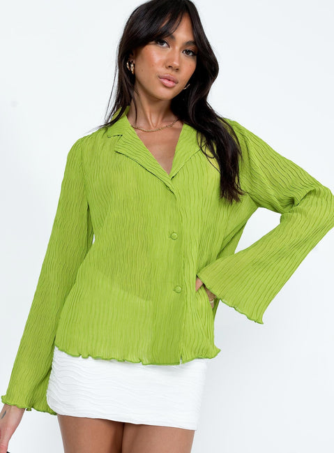 Green shirt Textured material  Slightly sheer  Classic collar  Button front fastening  Lettuce edge hem 