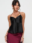 Black Top Halter style, silk material look, pinched bust detail, invisible zip fastening