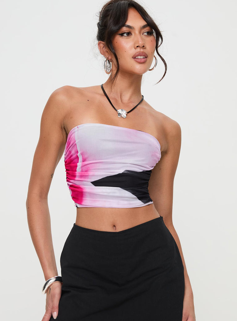 Pink and black Strapless top Graphic print, mesh material, ruching at sides, inner silicone strip at bust