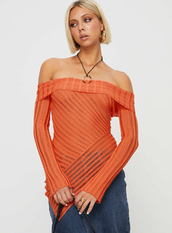 Off-the-shoulder sweater Slim fitting, sheer knit material,  asymmetric hem, extra long slightly flared sleeve, folded neckline