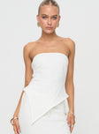 White Strapless linen top Inner silicone strip at bust, invisible zip fastening at side, asymmetrical pointed hem