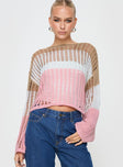 Brown pink and white Knit sweater High neckline, relaxed fit Slight stretch, unlined, sheer