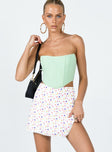 Mini skirt Aline fit Floral print  Lace trimming  Invisible zip fastening at back  Asymmetric front hem 