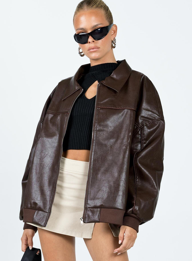 Goldsmith Faux Leather Bomber Jacket Brown