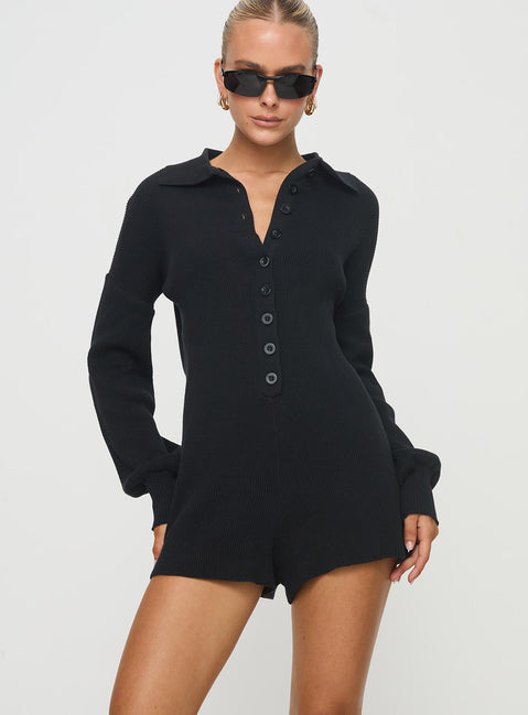Black knit romper long sleeve button up