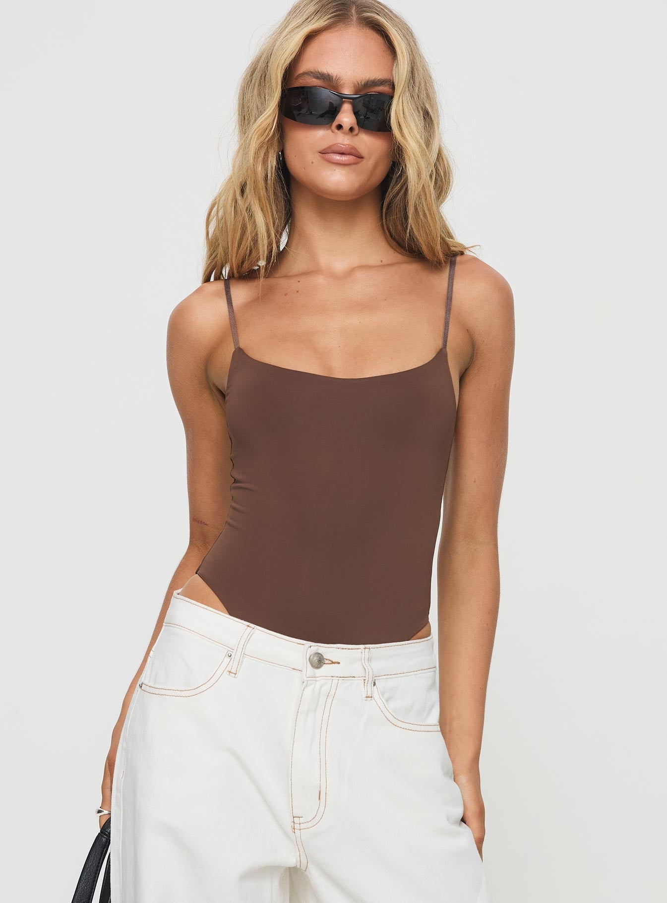 Brown Scoop neck bodysuit Adjustable shoulder straps, high cut leg, cheeky style bottom, press clip fastening