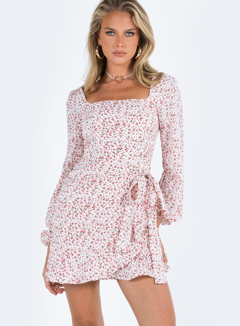 Mini dress Floral print Square neckline Wrap style Elasticated cuffs Invisible zip fastening at back 