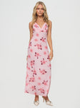 Floral print maxi dress Fixed wide straps, v-neckline, slight ruching at bust, waist tie, invisible zip fastening at side