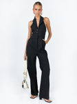 Jumpsuit  Princess Polly exclusive Main: 100% brocade cotton  Lining: 95% polyester 5% elastane Pinstripe print  Halter neck Lapel collar  Plunging neckline  Button & zip front fastening  Exposed back  Twin hip pockets  Faux back pockets  Wide leg 