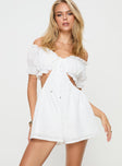 White xBroderie anglaise romper Puff sleeve, v neckline, tie detail at bust, exposed back, elasticated band at back