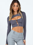 Long sleeve grey top Cut out at bust Button detail at front