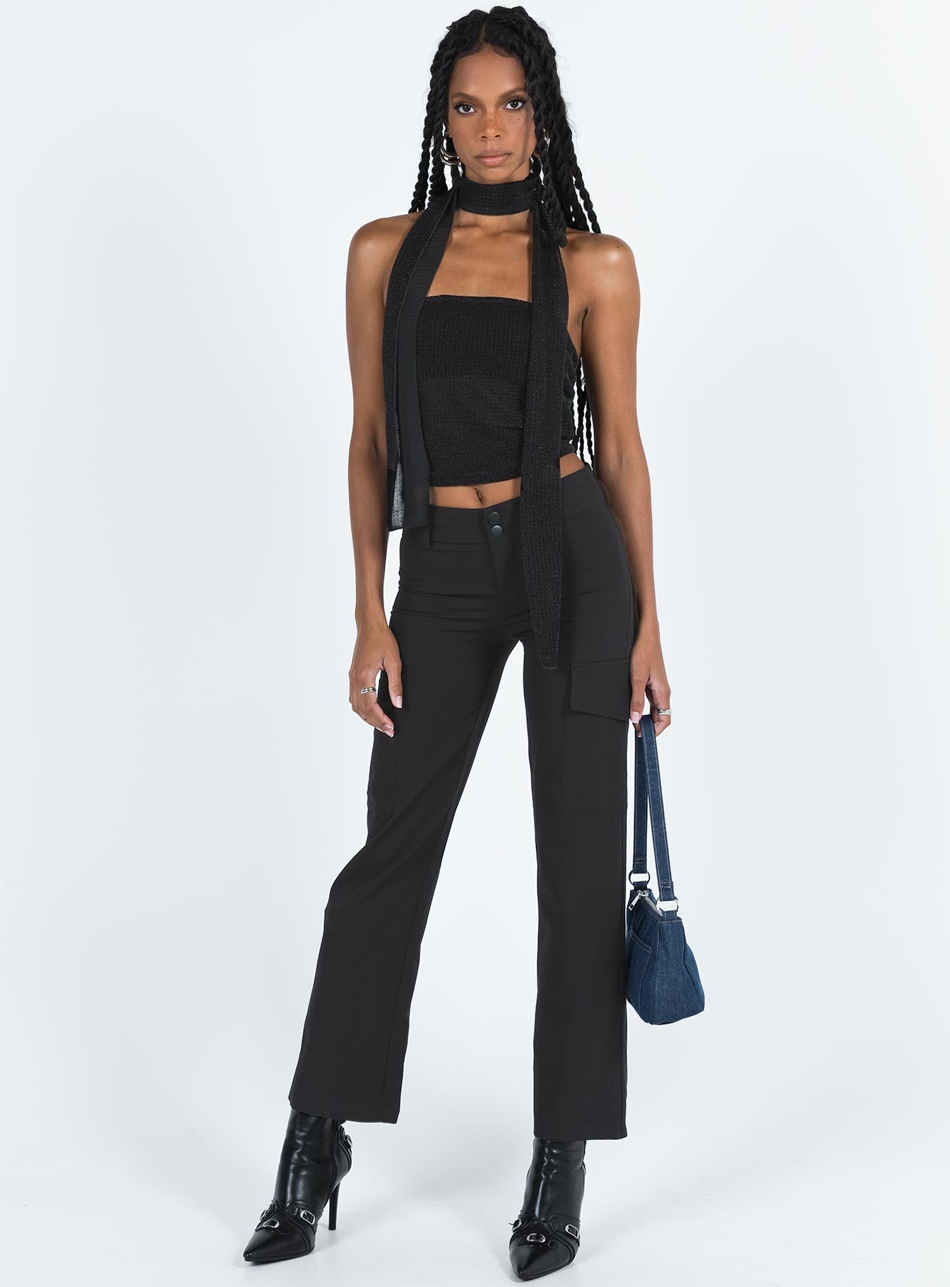 Black cargo pants High rise Belt looped waist Zip and button fastening Faux back pockets Twin leg pockets Straight leg