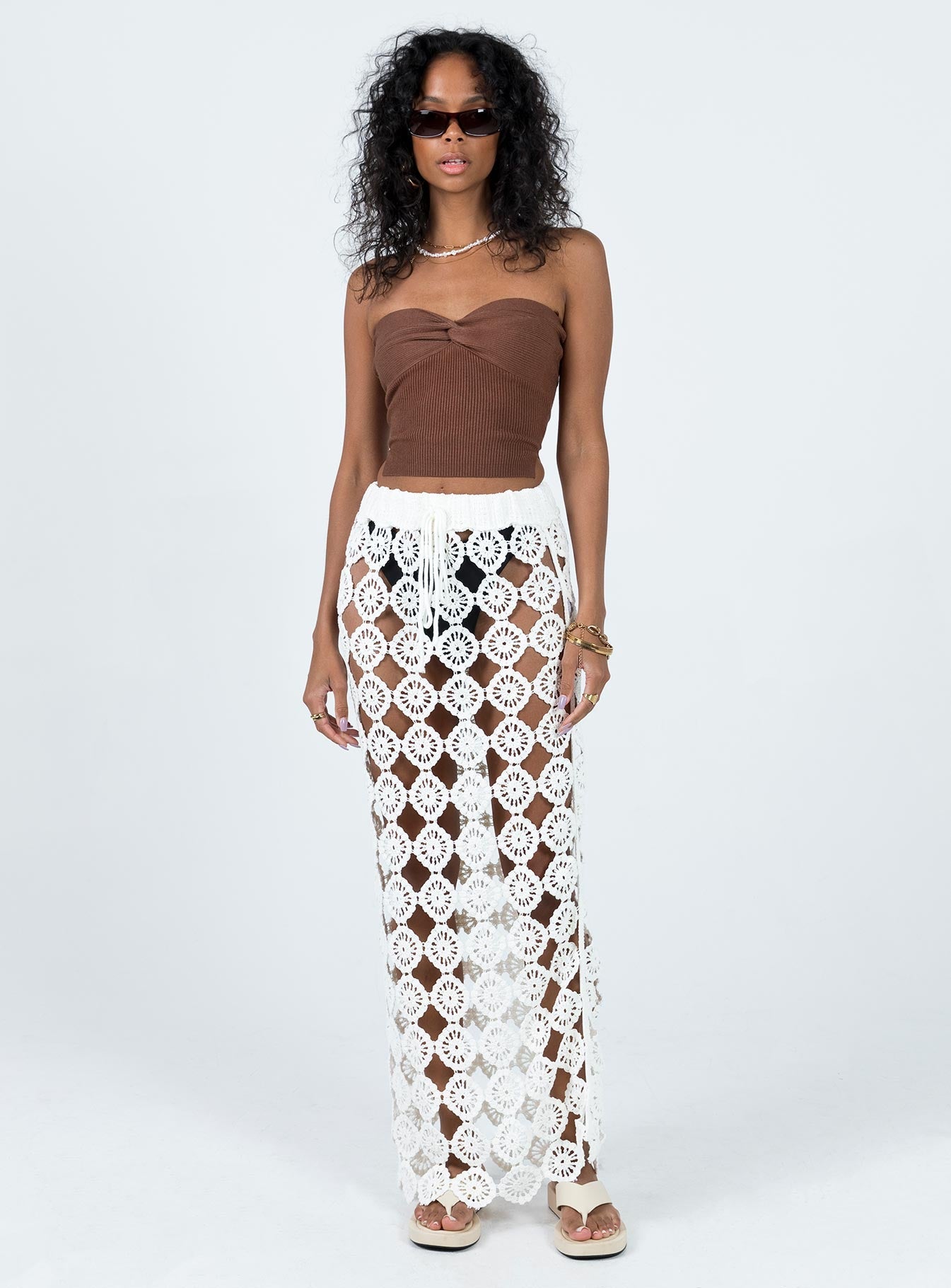 Maxi skirt Sheer crochet material Delicate - wear with care Elasticated waistband with tie fastening  Non-stretch