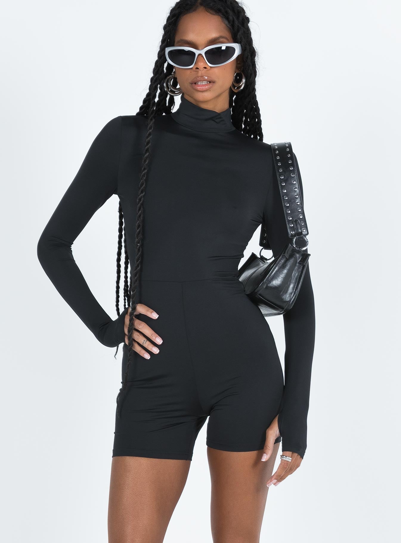 Long sleeve playsuit black Mock neck Invisible zip fastening at back Good stretch