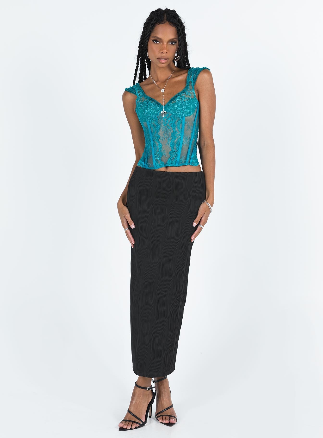 Black maxi skirt slim fitting Textured material Invisible zip fastening at back Slight stretch