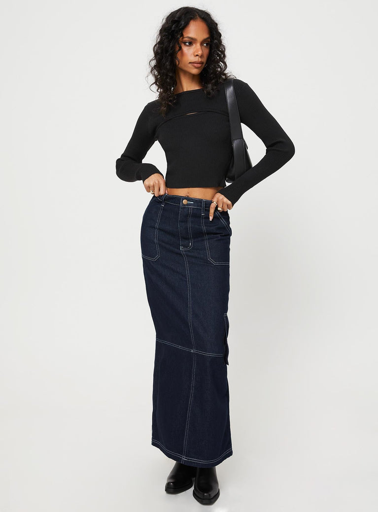 Denim maxi skirt Zip and button fastening, belt looped waist, twin hip pockets, slit at back