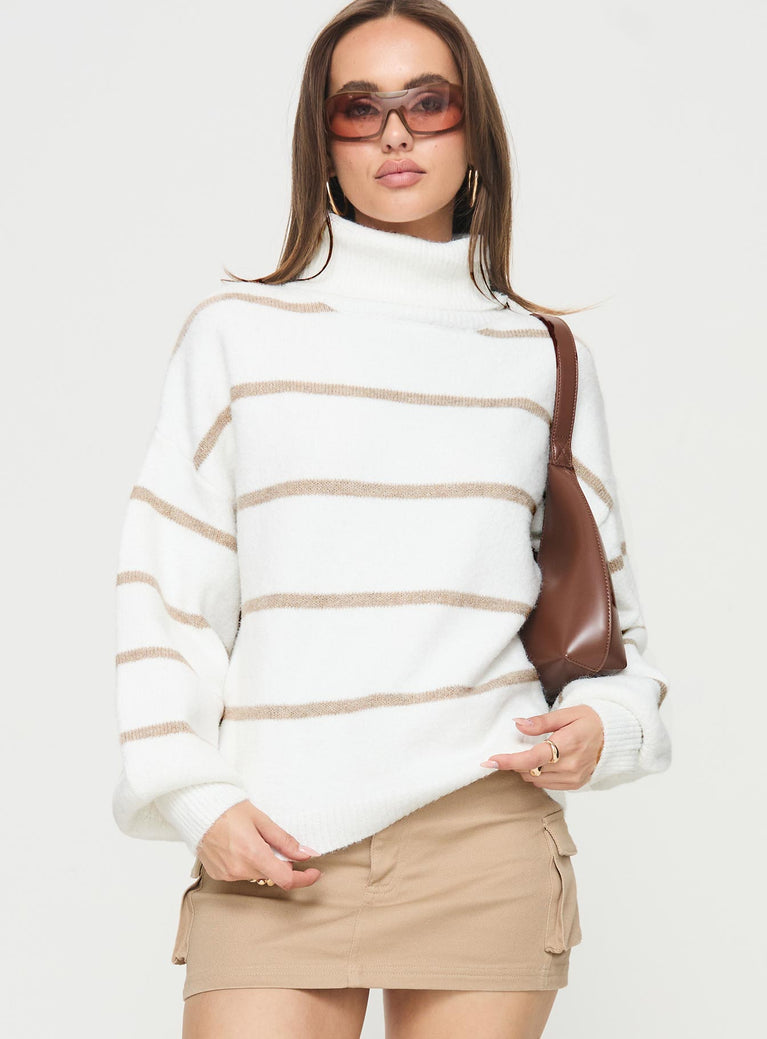 Turtleneck sweater Knit material, striped print, drop shoulder, ribbed trim Good stretch, unlined  Princess Polly Lower Impact  Turtleneck sweater Knit material, striped print, drop shoulder, ribbed trim Good stretch, unlined  Princess Polly Lower Impact 