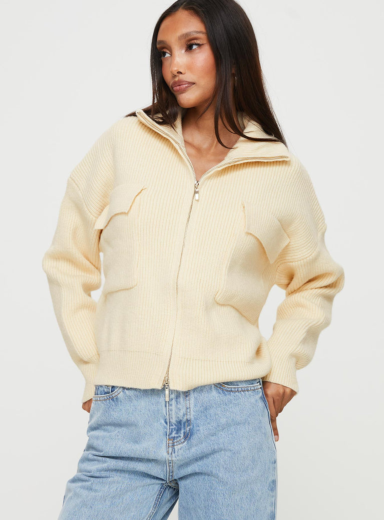 Too Busy Zip Up Sweater Beige Princess Polly  regular 