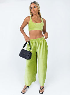 Matching set Velour material  Crop top  High waisted pants  Elasticated waistband  Twin hip pockets  Wide leg 