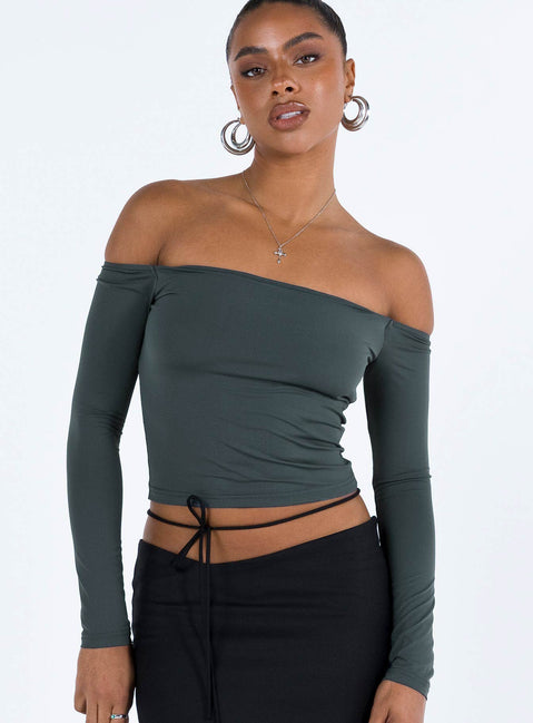 Long sleeve top Off the shoulder design Good stretch Unlined 