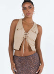 Vest top Lace-up tie fastening at front Twin chest pockets Split hem
