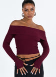 Long sleeve sweater Ribbed material Off the shoulder design Good stretch Unlined 